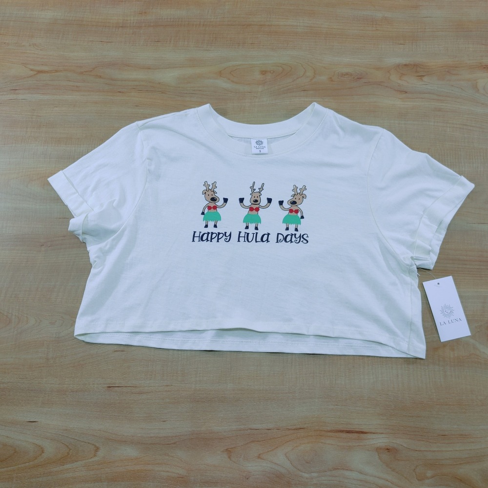 La‎ Luna Happy Hula Days Reindeer Crop Top White Size S